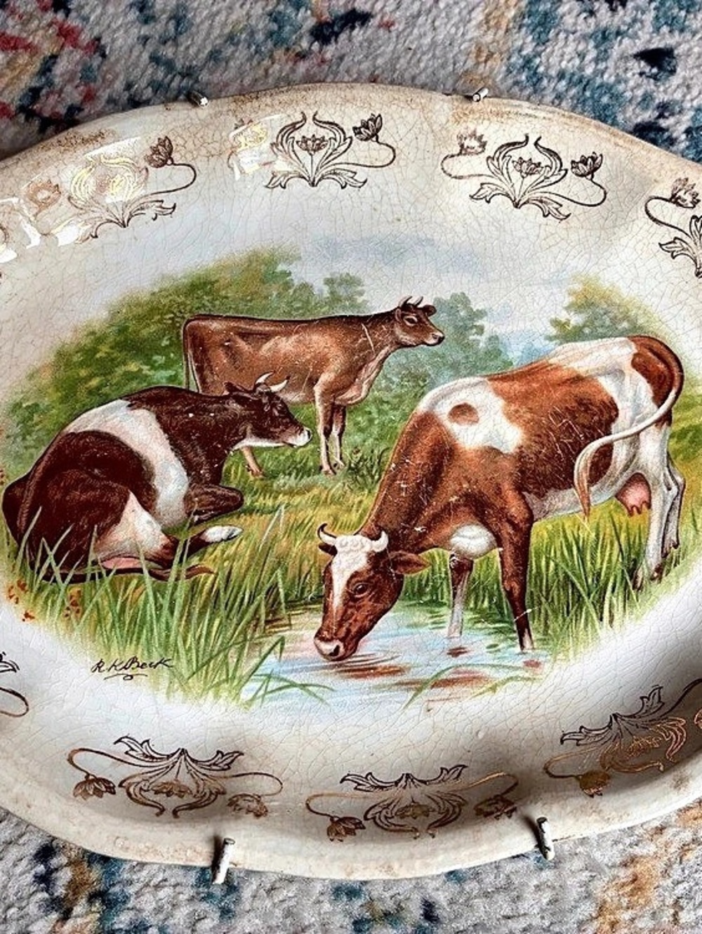 Antique Porcelain Pastoral Country Cow Plate/Wall Decor (12x8 inches)